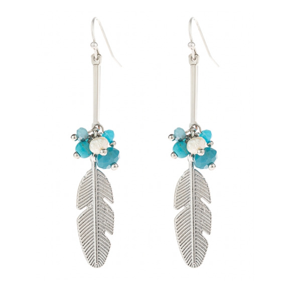 Silver Cast Feather Charm Drop Earrings With Turquoise Stone New E04 - Picture 1 of 6